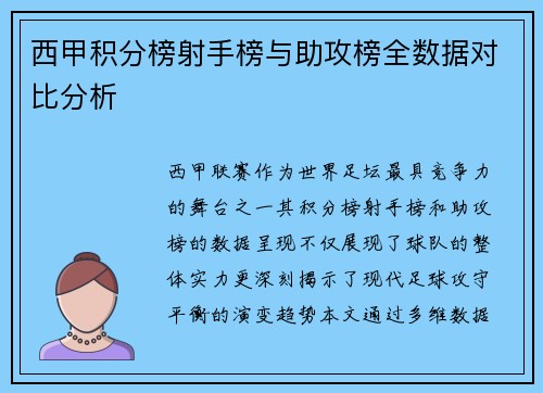 西甲积分榜射手榜与助攻榜全数据对比分析