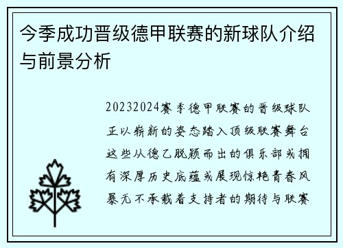 今季成功晋级德甲联赛的新球队介绍与前景分析