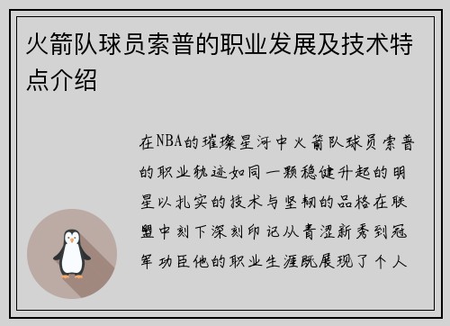 火箭队球员索普的职业发展及技术特点介绍